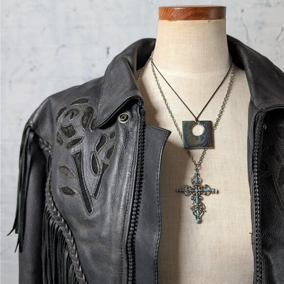 Vintage Black Leather Biker Fringe Jacket Moto Western Velvet Goth Coat Large - Picture 3 of 10